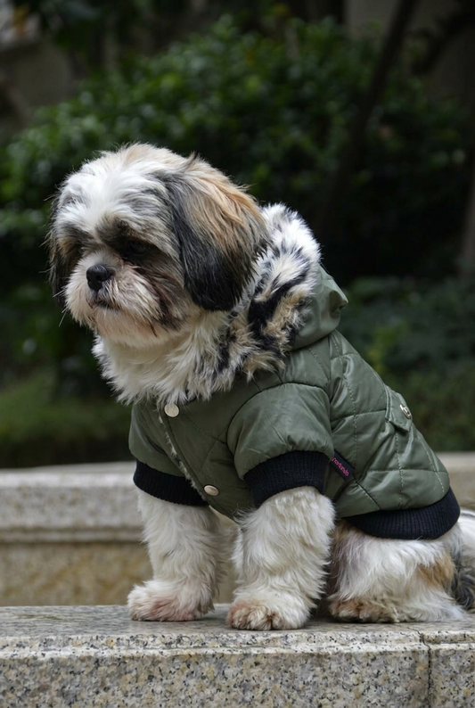 A small fluffy dog wearing an olive green hooded jacket with black trim, sitting on a stone ledge with a blurred outdoor background.